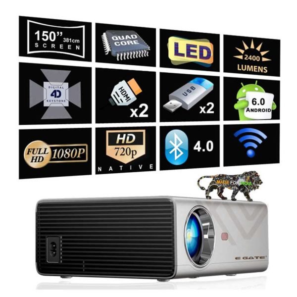 EGATE K9 Android LED 720p 2400 Lumens HD Projector with 4D Digital Keystone