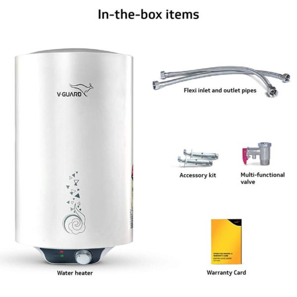 v-guard water heater victo 15 litres - free installation with inlet and outlet pipes,white