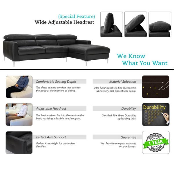 Furny Alizara 4 Seater RHS Leatherette Sofa (Black)