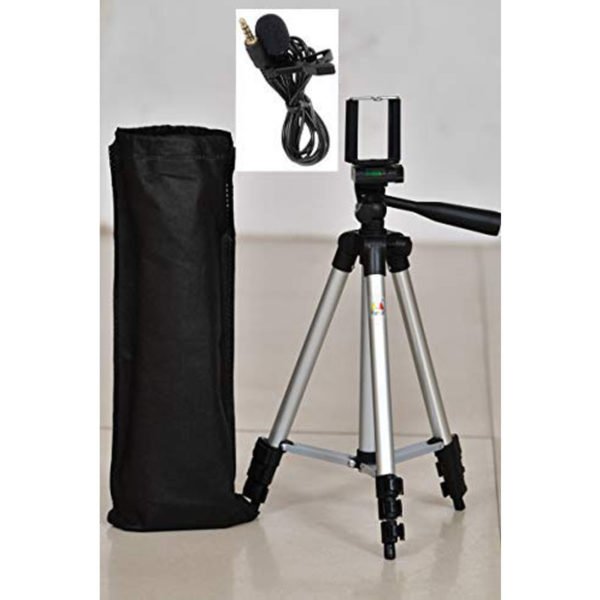 Adjustable Aluminium Alloy Tripod Stand Holder for Mobile Phones, 360 mm -1050 mm, 1/4 inch Screw with 3.5mm Clip On Mini Lapel Lavalier Microphone