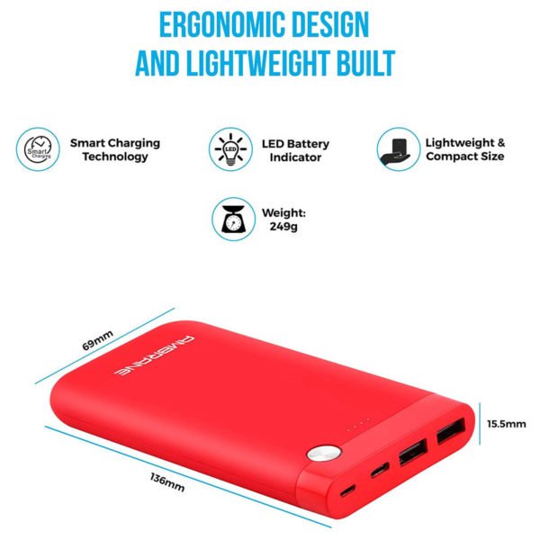 Ambrane 10000mAH Lithium Polymer Power Bank for C Type Port (Red)