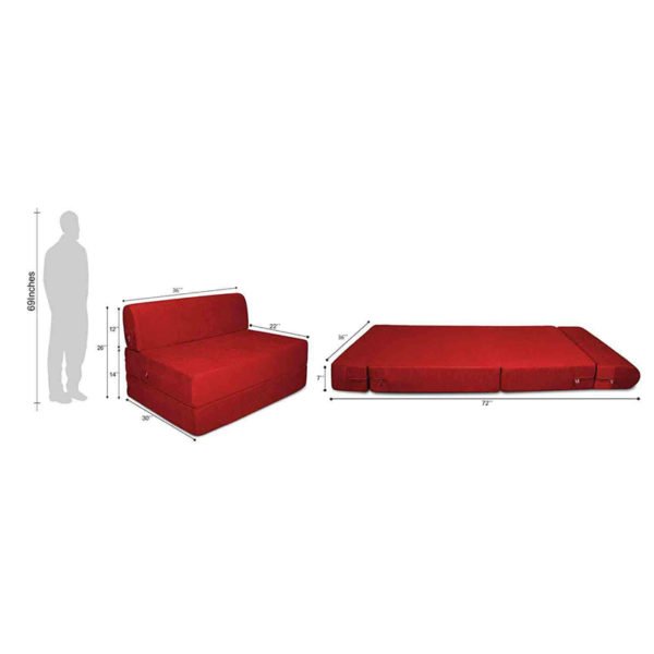 Urban Decor 3X6 Feet One Seater Sofa Cums Bed Mechanism Fold Out Red